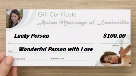 You can pickup Gift Certificates for family and friends in the Spa. Asian Massage Spa 6608 Bardstown Road, Louisville, KY open Daily 10 am to 10 pm